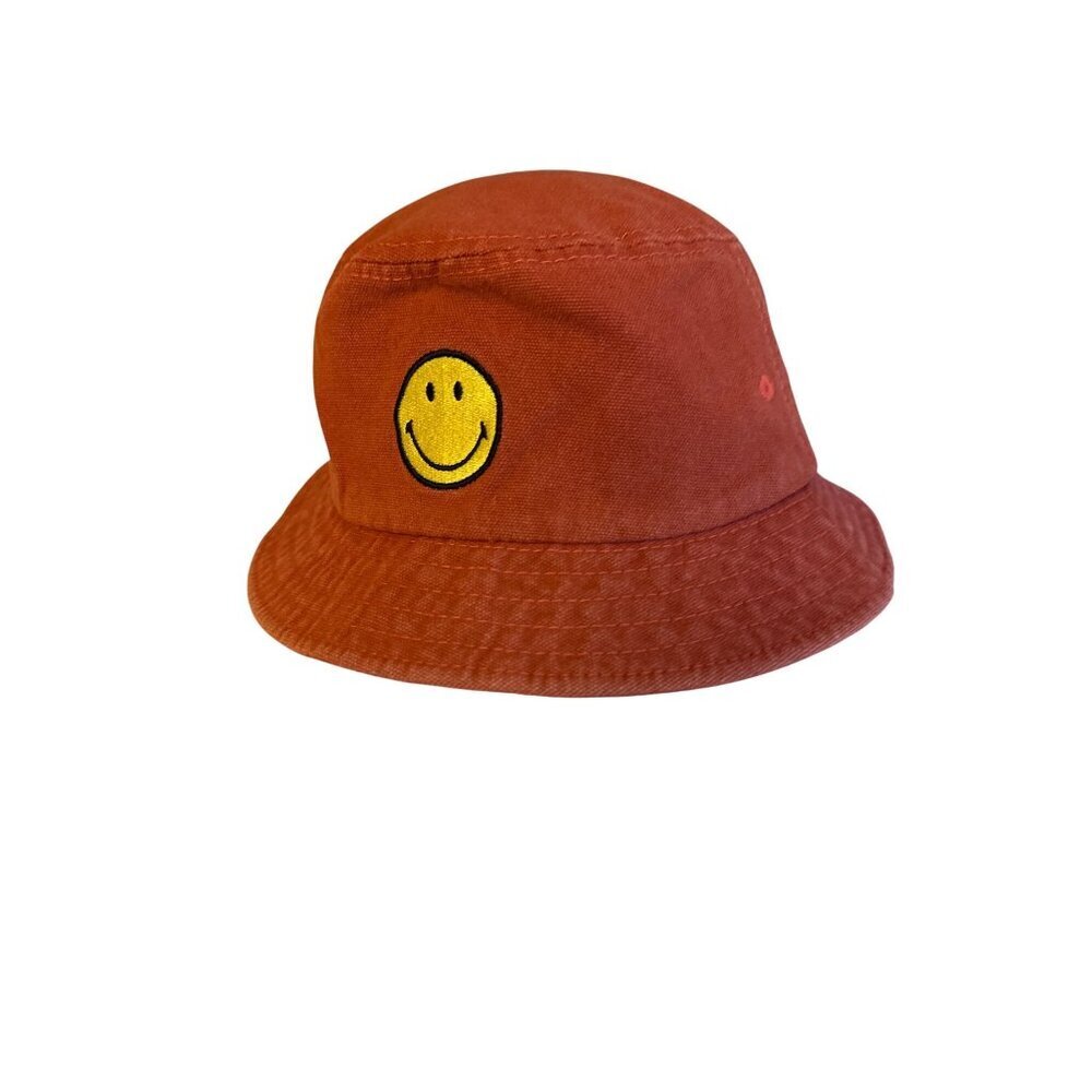 Smiley Originals Red Bucket Hat 100% Cotton‎ With Embroidered Yellow Smiley Face